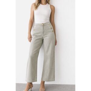 Zara Sailor Wide Leg Cropped Jeans Dusted Sage High Rise Gold Button Womens 10